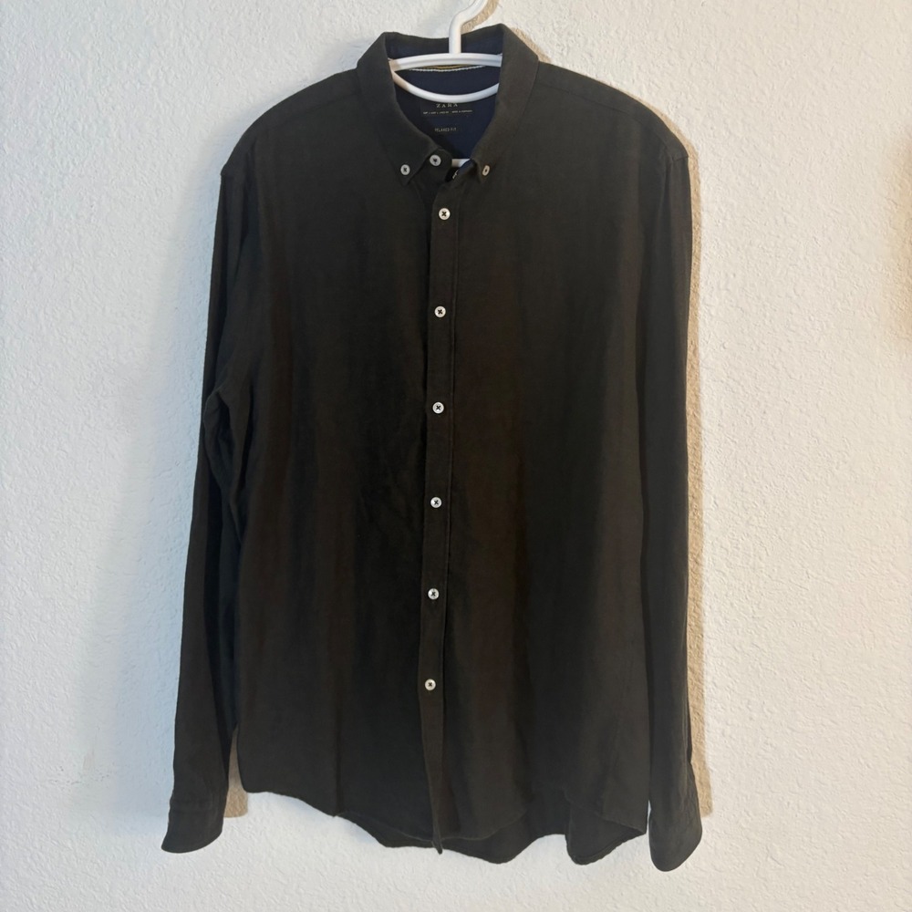 Zara Button Down Shirt Mens L Relaxed Fit Charcoal Gray Flannel